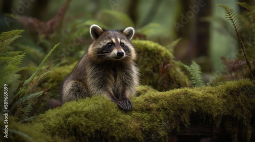 A cute little raccoon in a mossy forest