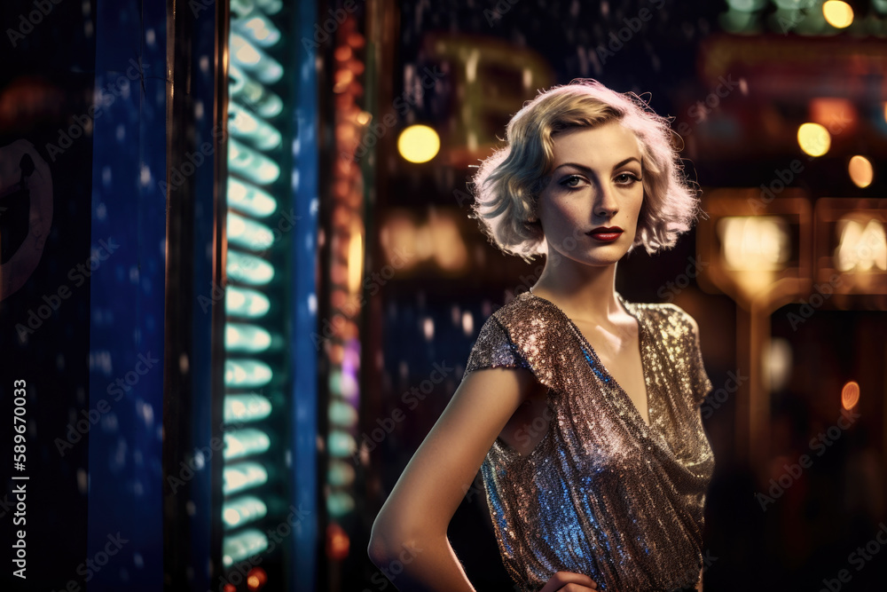 Portrait of a glamorous woman in a sparkling sequined dress, standing in front of a vintage saloon with a bright neon sign'', generative ai Portrait of a glamorous woman in a sparkling sequined dress, standing in front of a vintage saloon with a bright neon sign'', generative ai