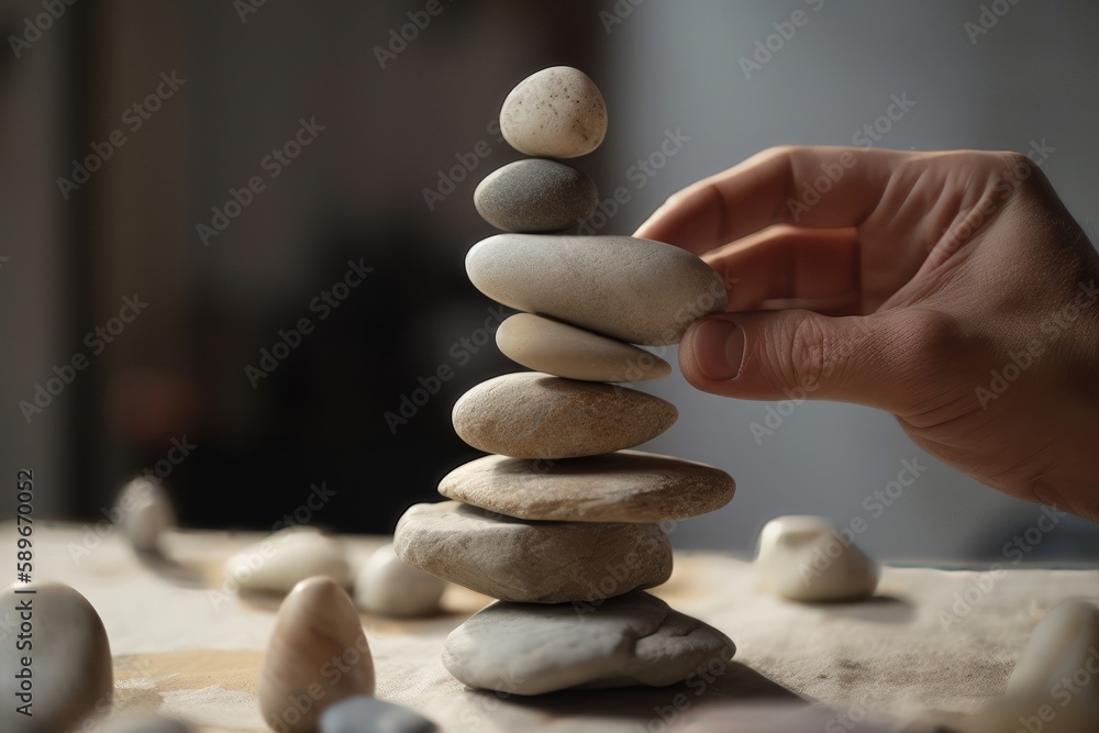 Harmony and positive mind. Hand setting white natural stone stack to balance. AI generated