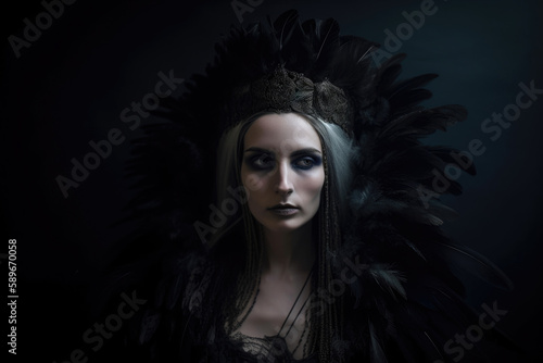 portrait of a gothic woman with a striking headdress made of black feathers and a pale, ghostly complexion, generative ai