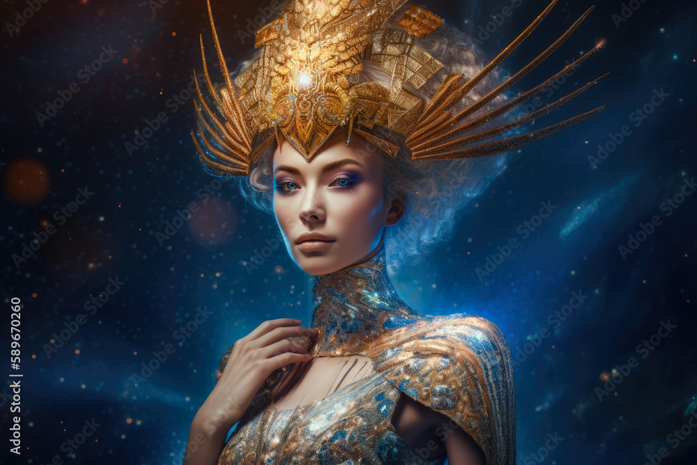 Portrait of a majestic space queen with an elaborate headdress and shimmering space gown, generative ai Portrait of a majestic space queen with an elaborate headdress and shimmering space gown, generative ai