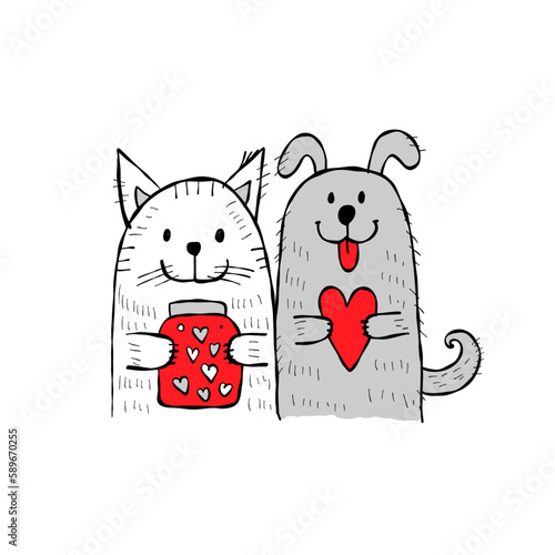 Cat and dog with hearts in hands. Be my Valentine. Valentine's day banner, ba...