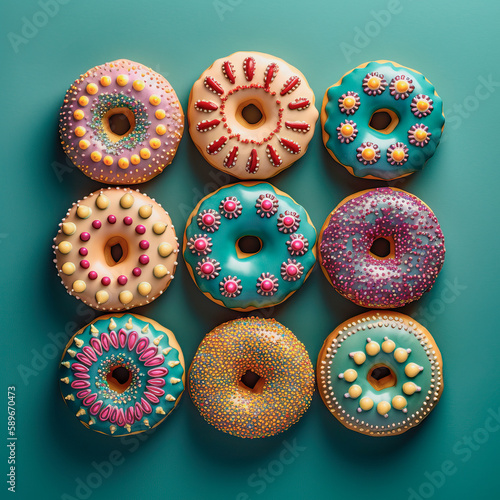 Donuts decorados de muchos colores, sobre fondo verde pastel. Ilustración de IA Generativa 