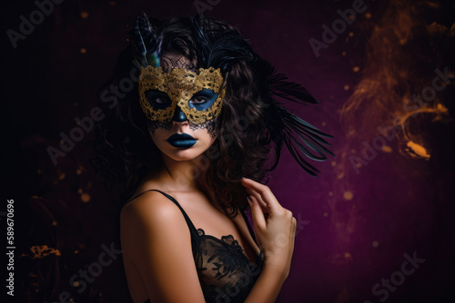 Portrait of a mysterious woman in a Studio 54-inspired fashion shoot with a velvet dress and a masquerade mask, generative ai