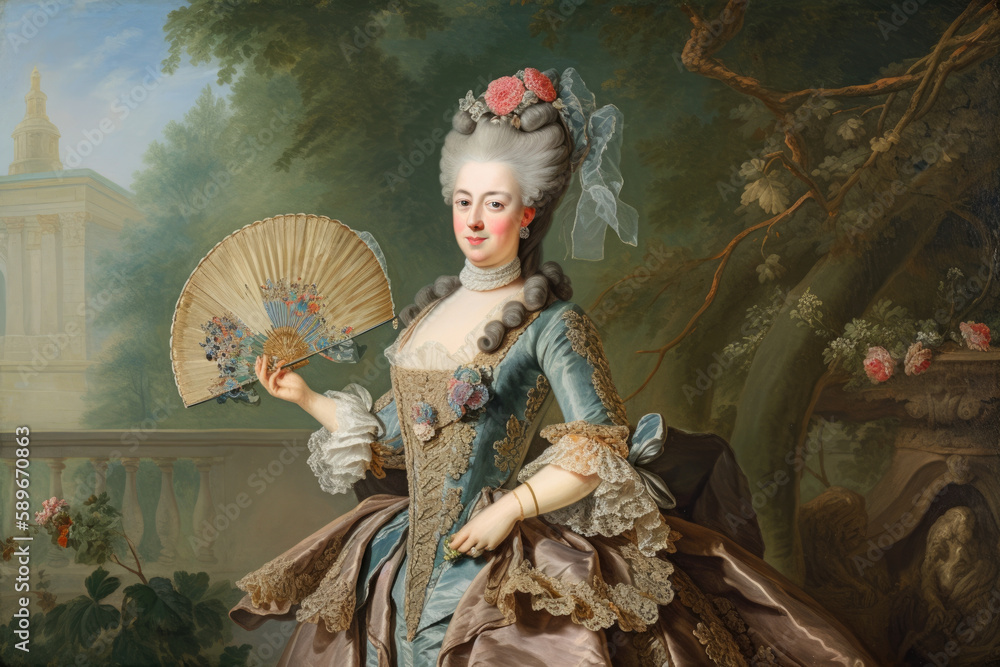 Portrait of a noblewoman dressed in intricate Rococo attire, holding a fan and standing against a backdrop of lush gardens and fountains, generative ai Portrait of a noblewoman dressed in intricate Rococo attire, holding a fan and standing against a backdrop of lush gardens and fountains, generative ai
