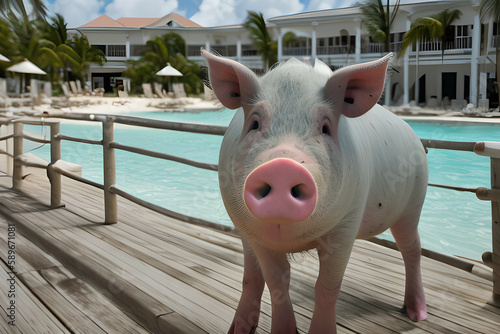 Pink piggy on the background of an expensive hotel. A trip to the Bahamas. Exuma pig beach. Generative AI.