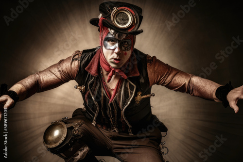 Portrait of a Steampunk Circus acrobat mid-performance with dynamic movement and a striking costume, generative ai