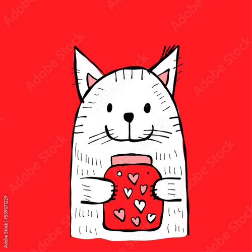 Cute cat with jar of hearts. Be my Valentine. Valentine's day banner, backgro...