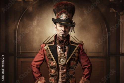 Portrait of a Steampunk Circus ringmaster with a commanding presence and an ornate coat, generative ai