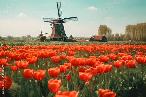 Tulips row and windmills in the Netherlands