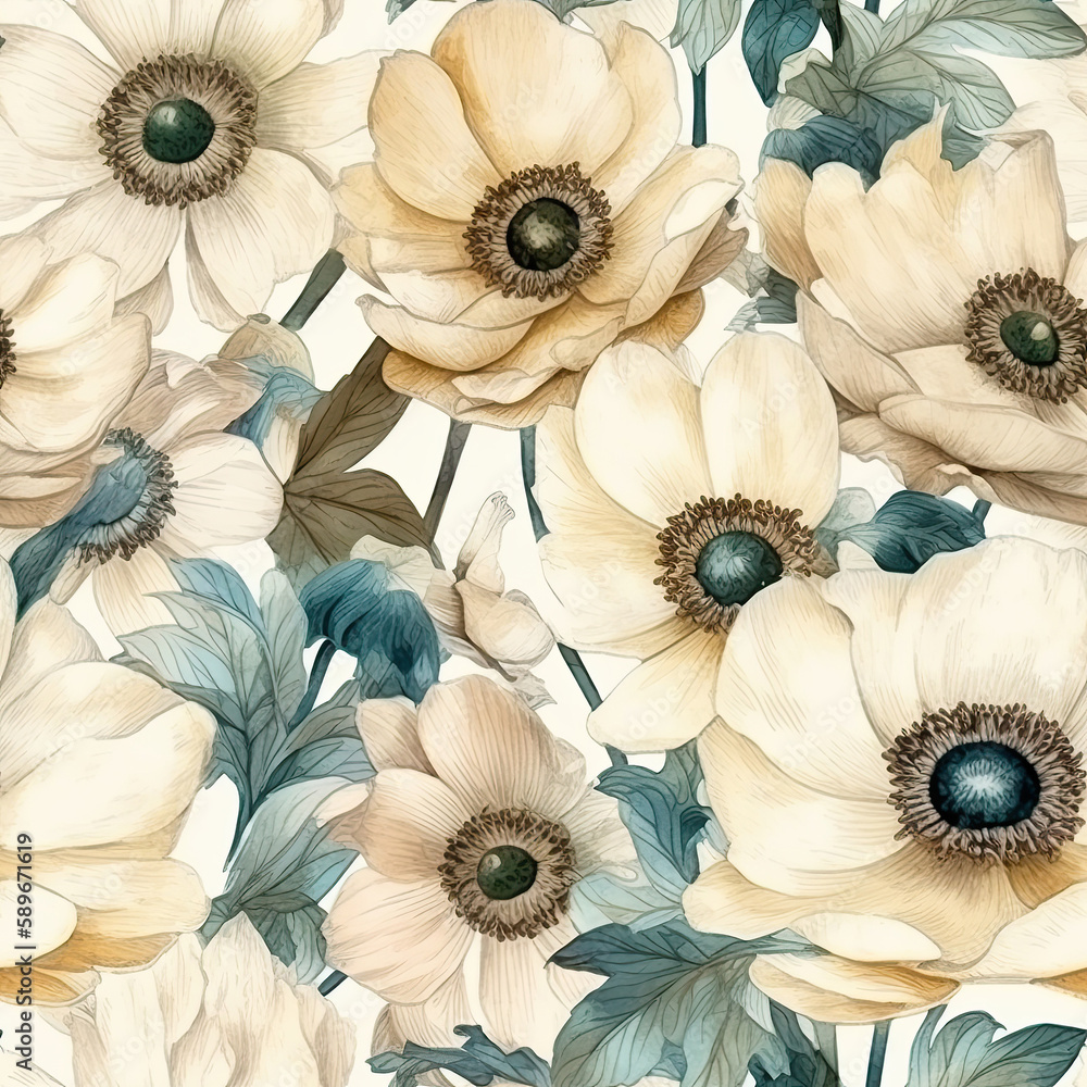 Obraz premium Floral seamless pattern of white anemone flowers. AI generated watercolor illustration digital art. Fabric print, decoration, wall art, printable. AI generated Image on the white background.
