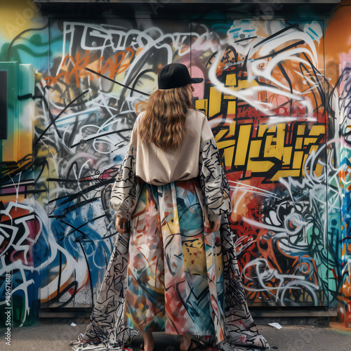Artist woman wearing graffiti painted dress standing in front of graffiti artwork, Haute couture maximalist style, Generative AI