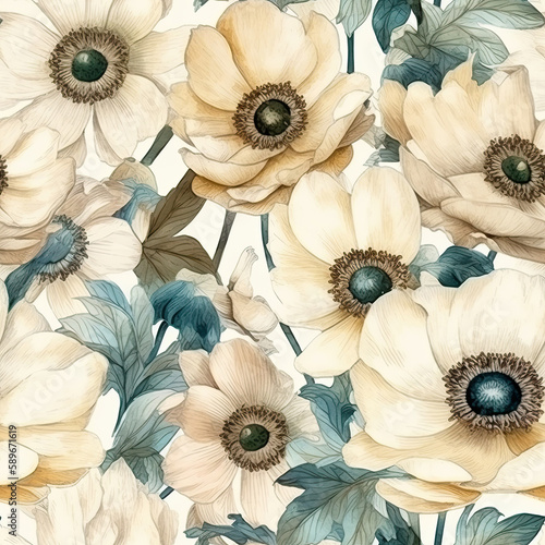 Floral seamless pattern of white anemone flowers. AI generated watercolor illustration digital art. Fabric print, decoration, wall art, printable. AI generated Image on the white background.