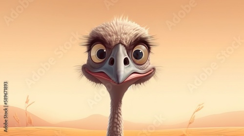 Emu head, isolated on yellow background. A curious animal. Generative ai