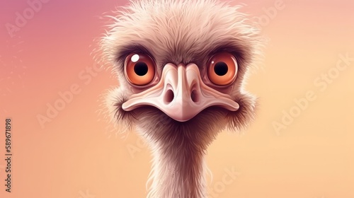 Emu head, isolated on yellow background. A curious animal. Generative ai