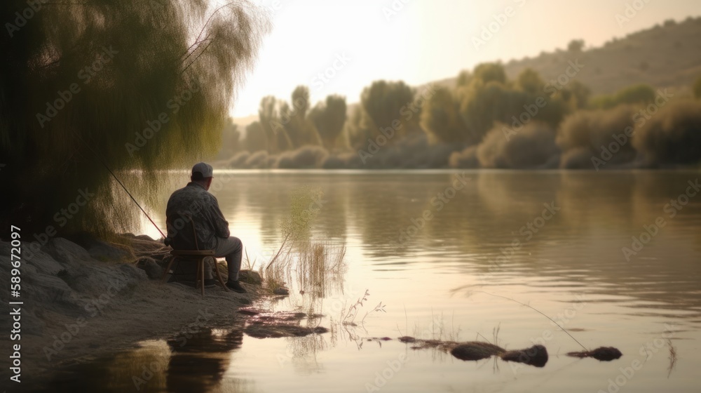Relaxed man fishing in a peaceful lake with a beautiful natural background. Generative AI. Relaxed man fishing in a peaceful lake with a beautiful natural background. Generative AI.