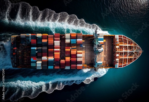 Aerial side view of a cargo ship transporting containers while moving toward custom ocean idea technology transportation, customs clearing, and exporting products from a cargo yard. Generative AI