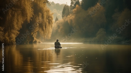 Relaxed man fishing in a peaceful lake with a beautiful natural background. Generative AI. © bomoge.pl