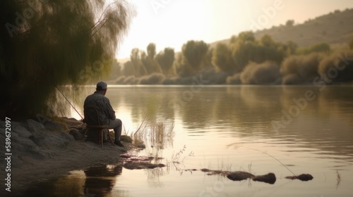 Relaxed man fishing in a peaceful lake with a beautiful natural background. Generative AI.