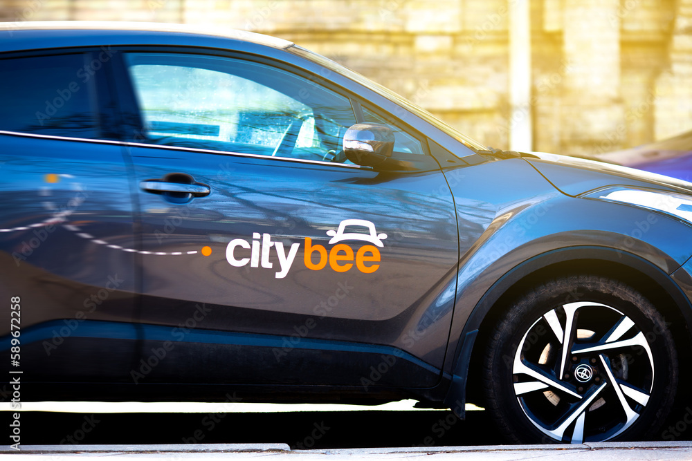 Vilnius, Lithuania, March 2023 City bee car sharing, short term rental