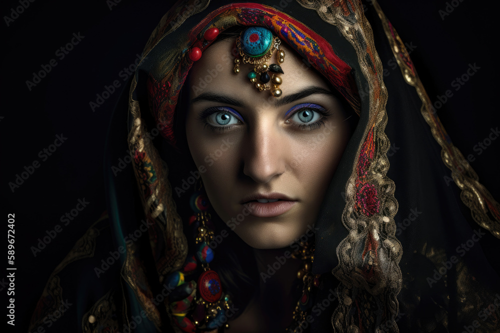 Portrait of a woman in a traditional Arabian veil adorned with colorful gemstones, generative ai Portrait of a woman in a traditional Arabian veil adorned with colorful gemstones, generative ai
