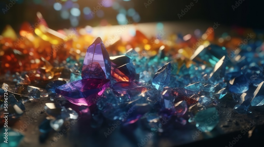 Shiny broken glass crystals and prisms with color spectrum rays abstract background. Generative ai Shiny broken glass crystals and prisms with color spectrum rays abstract background. Generative ai