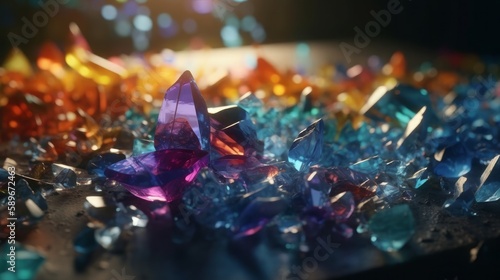 Shiny broken glass crystals and prisms with color spectrum rays abstract background. Generative ai