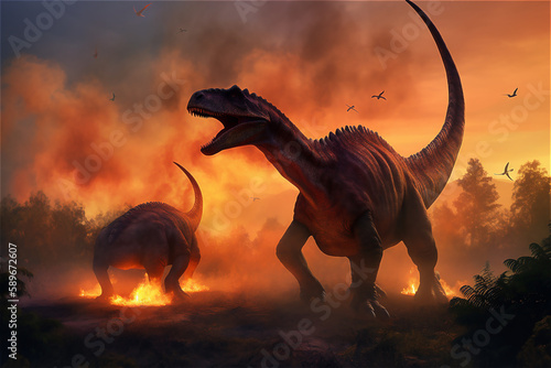 Dinosaur facing extinction with meteor shower thunder lighting and volcano eruption and fire, end of the world of dinosaurs. AI generated content © Elena