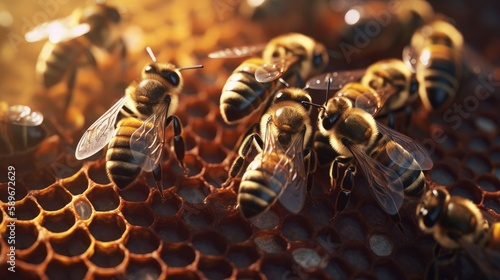 Honeycomb and bees. Digital art. Generative AI © cac_tus