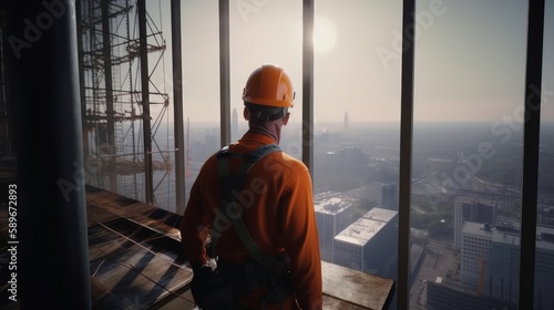 Engineer Man In Hardhat Helmet Overlooking Big Construction Building Project, Generative Ai
