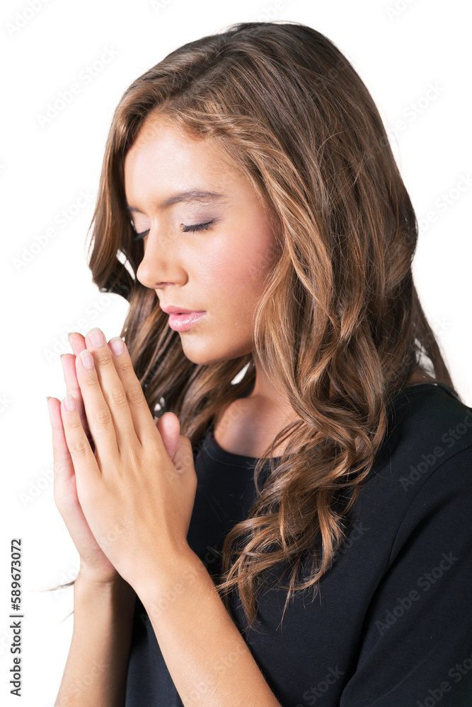 Young woman praying isolated on white background Young woman praying isolated on white background