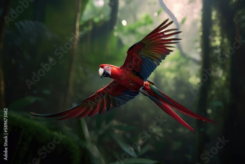 Red hybrid parrot in forest. Macaw parrot flying in dark green vegetation. AI generated