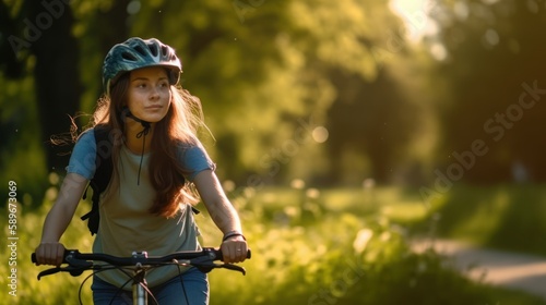 Joyful girl riding a bike in the park on a sunny day with a big smile on her face. Generative AI.