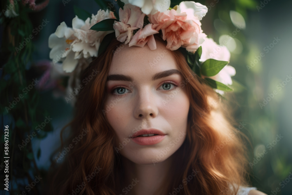 Portrait of a woman wearing a flower crown, with a soft and dreamy background, generative ai