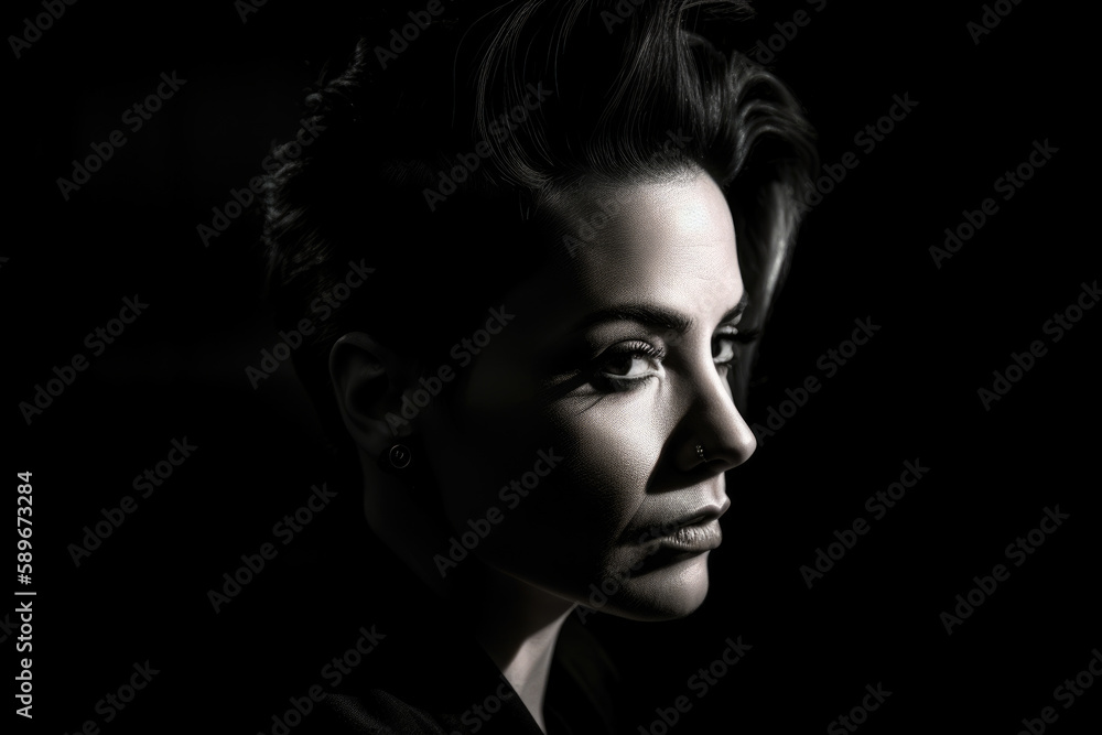 Portrait of a woman with a bold and confident expression, featuring a strong contrast of light and shadow and a dramatic black and white aesthetic, generative ai Portrait of a woman with a bold and confident expression, featuring a strong contrast of light and shadow and a dramatic black and white aesthetic, generative ai