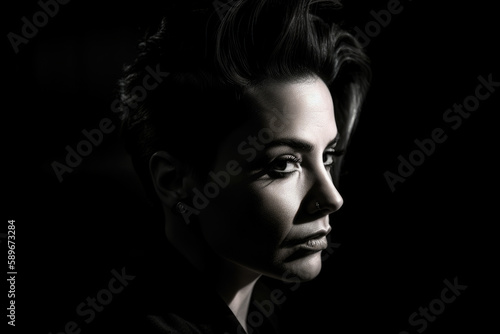 Portrait of a woman with a bold and confident expression, featuring a strong contrast of light and shadow and a dramatic black and white aesthetic, generative ai