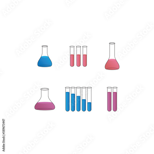 Set of 6 blue, pink, purple flasks and test tubes simple icons illustration. Lab equipment vector illustration.