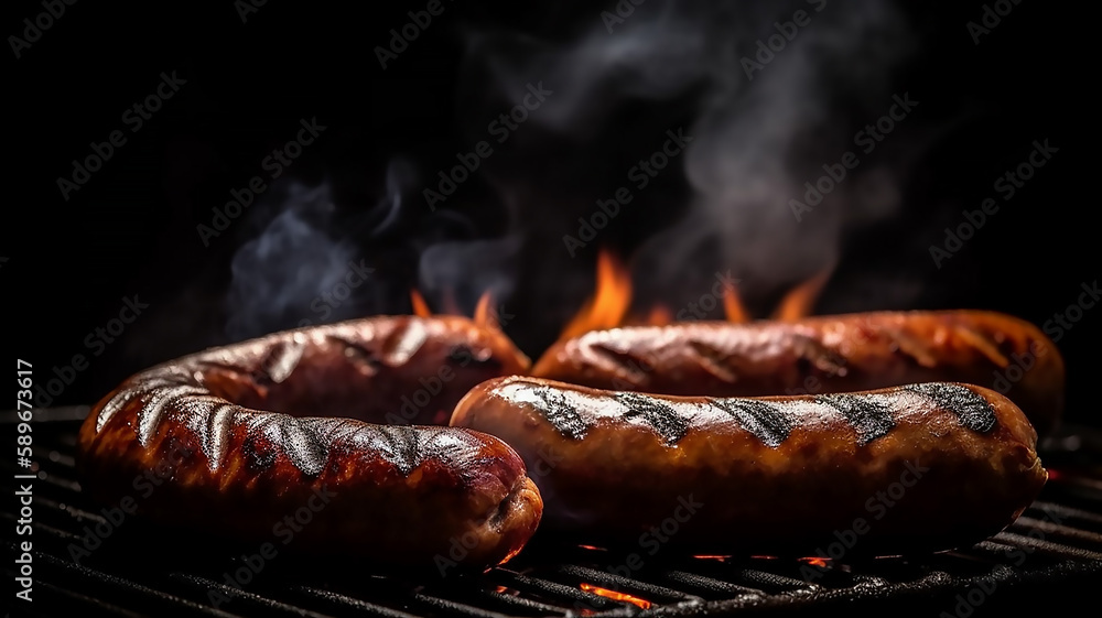 Grilled sausages on the grill with smoke and flame, generative AI tools Grilled sausages on the grill with smoke and flame, generative AI tools