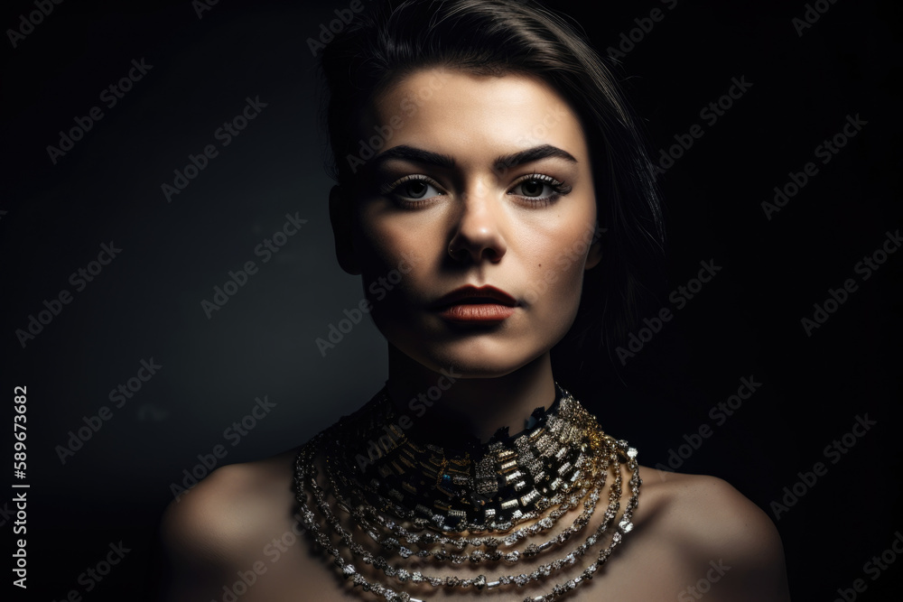 Portrait of a woman with a crystal choker necklace, exuding a bold and confident attitude, generative ai Portrait of a woman with a crystal choker necklace, exuding a bold and confident attitude, generative ai
