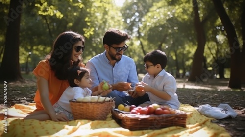 Happy family having a picnic in the park with food and drinks on a sunny day. Generative AI.