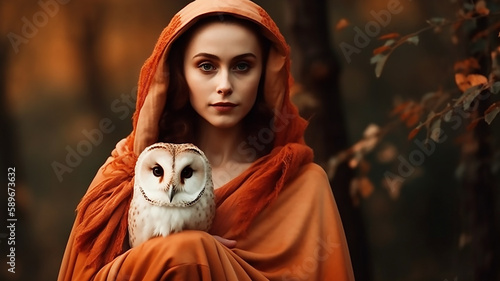 mystical fantasy woman walks in autumn orange forest, holds cute pet bird little barn owl on hand, generative AI tools 