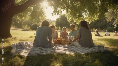 Happy family having a picnic in the park with food and drinks on a sunny day. Generative AI. © bomoge.pl