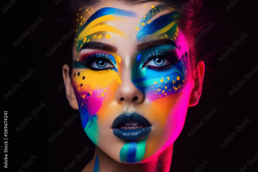 Portrait of a woman with a striking and bold makeup look, featuring bright and vivid colors in an abstract and artistic style, generative ai Portrait of a woman with a striking and bold makeup look, featuring bright and vivid colors in an abstract and artistic style, generative ai