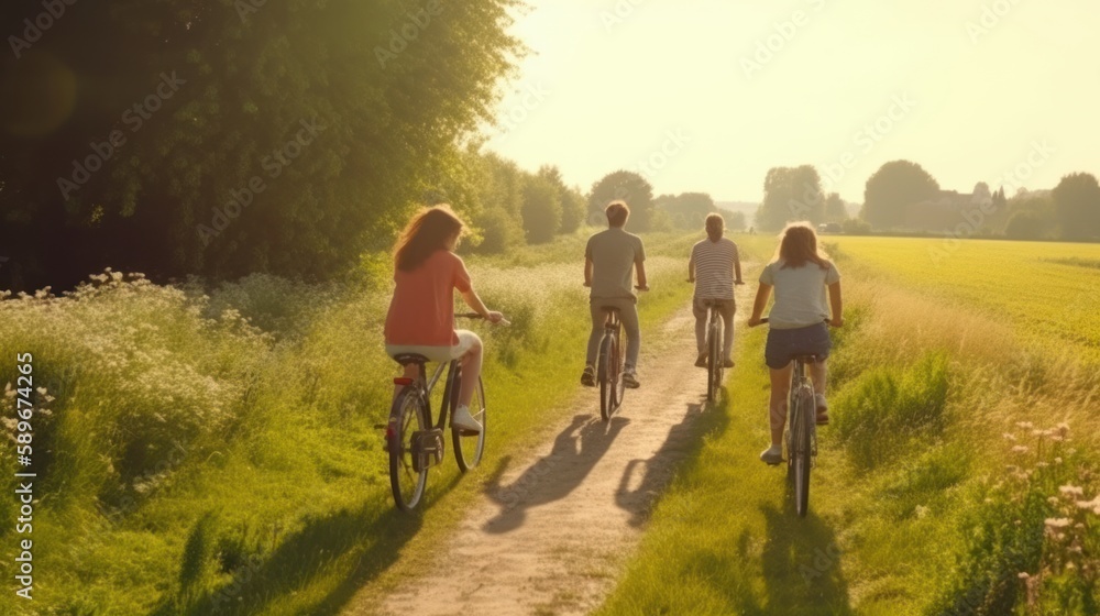 Fototapeta premium Happy family cycling on a scenic path through the countryside. Generative AI.
