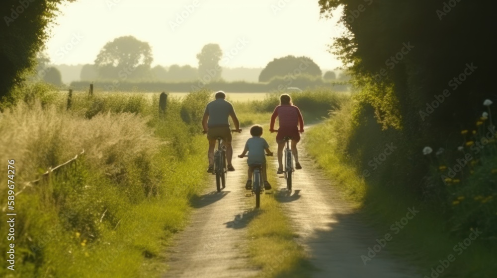 Fototapeta premium Happy family cycling on a scenic path through the countryside. Generative AI.