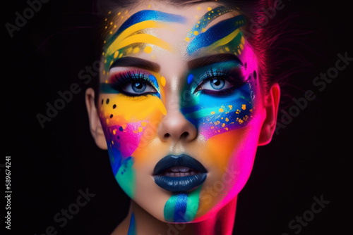 Portrait of a woman with a striking and bold makeup look, featuring bright and vivid colors in an abstract and artistic style, generative ai