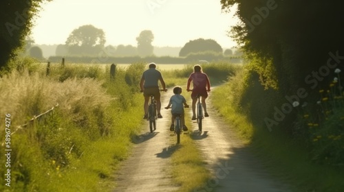 Happy family cycling on a scenic path through the countryside. Generative AI.