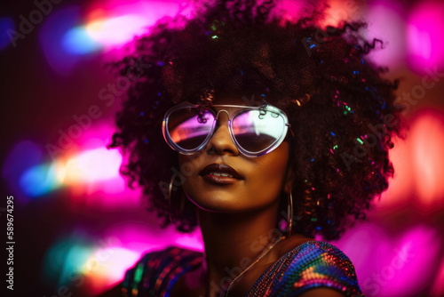 Portrait of a woman with afro hair  wearing a glittery disco ball headband and oversized sunglasses  against a psychedelic backdrop with neon lights  generative ai