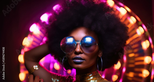 Portrait of a woman with afro hair, wearing a glittery disco ball headband and oversized sunglasses, against a psychedelic backdrop with neon lights, generative ai