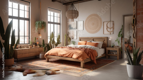Bedroom interior design idea with natural furniture. Generative AI © MonaMood